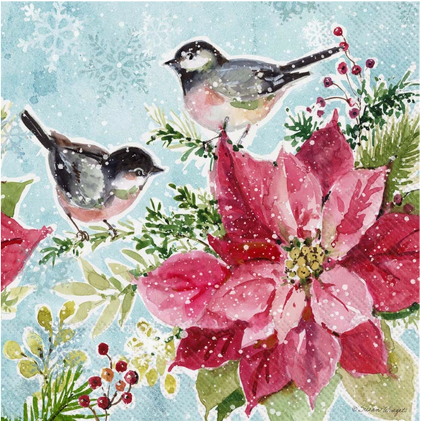Cocktail Napkins - Chickadees and Poinsettia